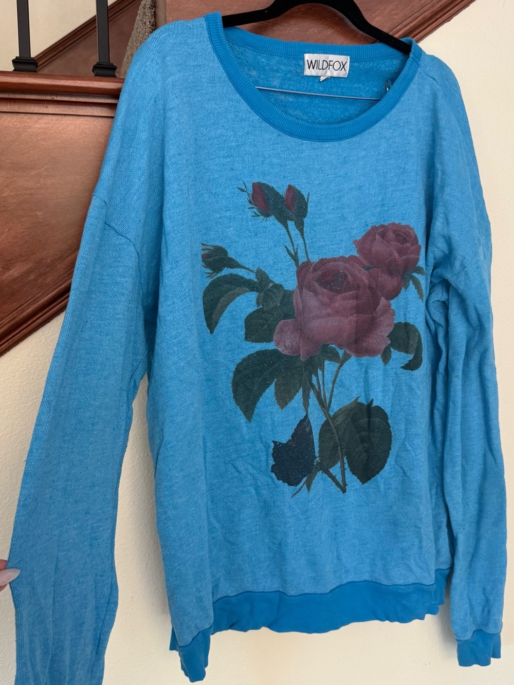 Wildfox Bright Blue Crewneck Sweater with Rose Graphic